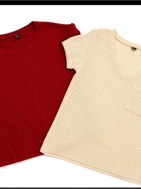 SHEIN Red & Cream Waffle Knit Short Sleeve Tops